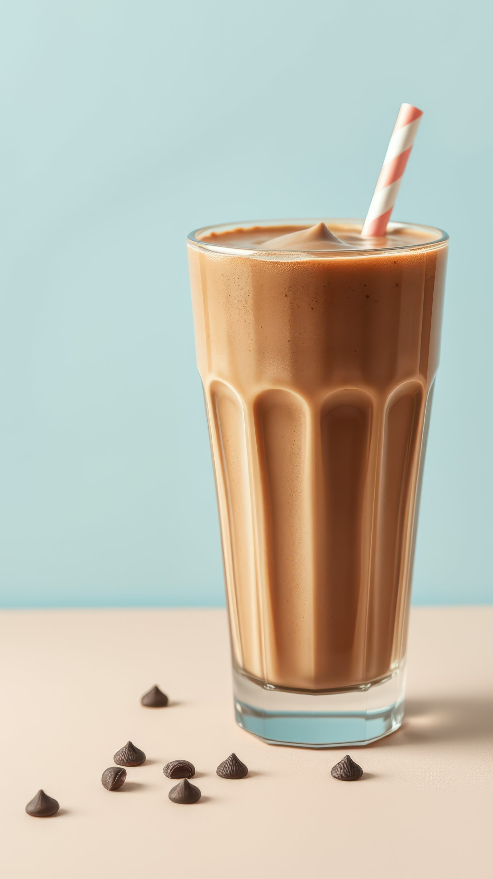 Creamy iced mocha drink served in a tall glass with a straw against a light blue background